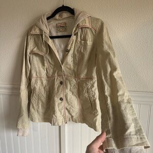 Free People Jacket Womens 4 Beige Linen Buttun Up Lightweight Coat